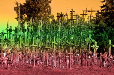 Haçlı mezarlık renk lekeli pop-art arkaplan simgesini imzalayın