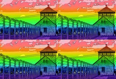 AUSCHWITZ BIRKENAU POLAND 09 17 17: Auschwitz concentration camp sign illustration pop-art background icon with color of gay flag in tribute to gay men who was killed by the nazi during WWII