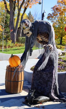 BROMONT QUEBEC CANADA 10 29 2021: Scarecrow at Les Epouvantables Bromont, is a fall season contest, that will bring the visitors back in time of the Old Village called West Shefford