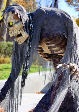 BROMONT QUEBEC CANADA 10 29 2021: Scarecrow at Les Epouvantables Bromont, is a fall season contest, that will bring the visitors back in time of the Old Village called West Shefford
