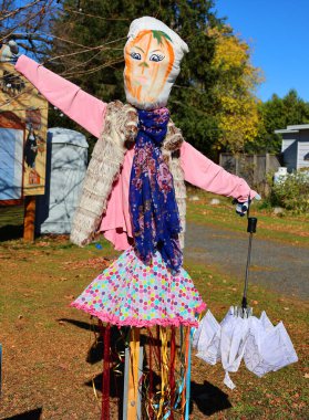 BROMONT QUEBEC CANADA 10 29 2021: Scarecrow at Les Epouvantables Bromont, is a fall season contest, that will bring the visitors back in time of the Old Village called West Shefford