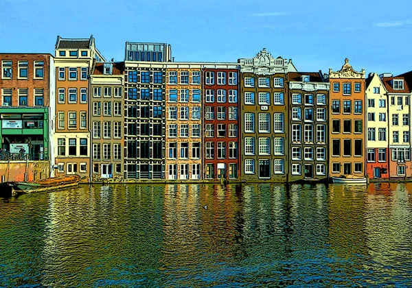 Amsterdam Netherlands ลาคม 2015 คลองท วไปบ านป ายภาพประกอบไอคอนพ นหล — ภาพถ่ายสต็อก