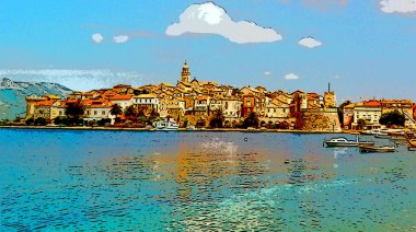 SPLIT, CROATIA 06 10 1999: Panorama of the harbor and the city of Split in Croatia with the mountain and a clear blue sky in the background sign illustration pop-art background icon with color spots