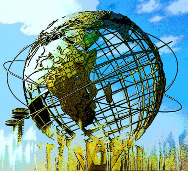 NEW YORK CITY NY UNITED STATES OF AMERICA 09 13 1999: Unisphere is a spherical stainless steel representation of Earth in Flushing Meadows Corona Park sign illustration pop-art background colors 