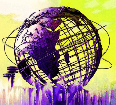 NEW YORK CITY NY UNITED STATES OF AMERICA 09 13 1999: Unisphere is a spherical stainless steel representation of Earth in Flushing Meadows Corona Park sign illustration pop-art background colors 
