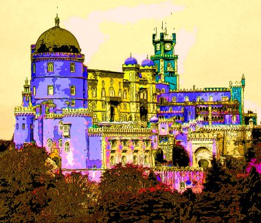 SINTRA PORTUGAL 09 05 2002: Castle Pena Sintra Portugal, Pop art retro sign illustration background icon with color spots
