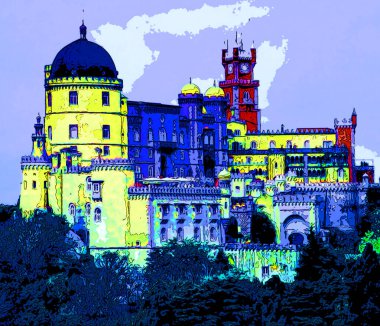 SINTRA PORTUGAL 09 05 2002: Castle Pena Sintra Portugal, Pop art retro sign illustration background icon with color spots