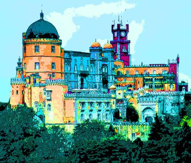 SINTRA PORTUGAL 09 05 2002: Castle Pena Sintra Portugal, Pop art retro sign illustration background icon with color spots