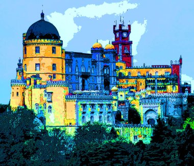 SINTRA PORTUGAL 09 05 2002: Castle Pena Sintra Portugal, Pop art retro sign illustration background icon with color spots