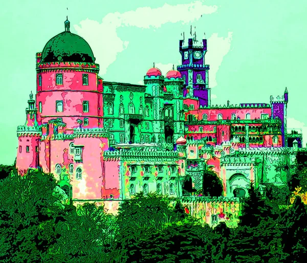SINTRA PORTUGAL 09 05 2002: Castle Pena Sintra Portugal, Pop art retro sign illustration background icon with color spots