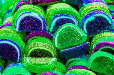 Pot of colored jujubes candies. Pop art retro sign illustration background icon with color spots