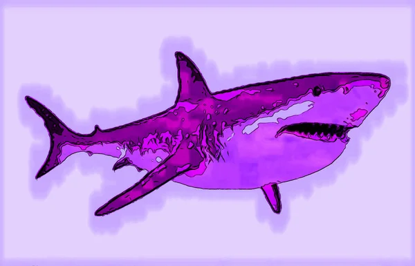 大きな白いサメの看板イラストのポップアートの背景のアイコンとカラースポット — ストック写真
