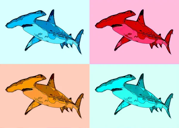 Hammer shark sign illustration pop-art background icon with color spots