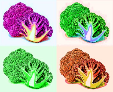 purple cauliflower healthy nutrition product green vegetable sign illustration pop-art background icon with color spots