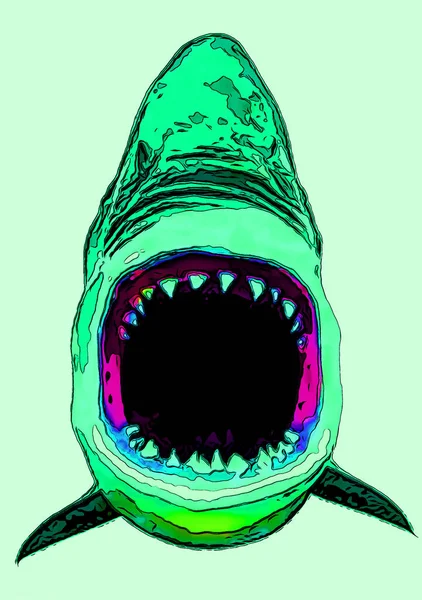 Büyük Beyaz Köpekbalığı Işaret Çizimi Renk Lekeli Pop Art Arkaplan — Stok fotoğraf