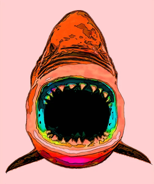 Великий Білий Знак Акули Ілюстрація Поп Арт Значок Фону Кольоровими — стокове фото