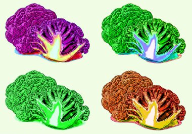 purple cauliflower healthy nutrition product green vegetable sign illustration pop-art background icon with color spots