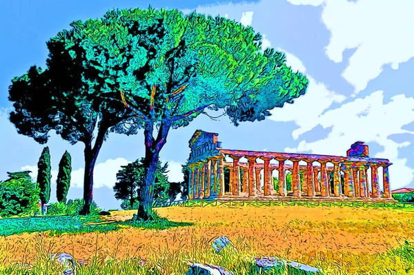 Ancient Greek Ruins Illustration Background Color Spots — ストック写真