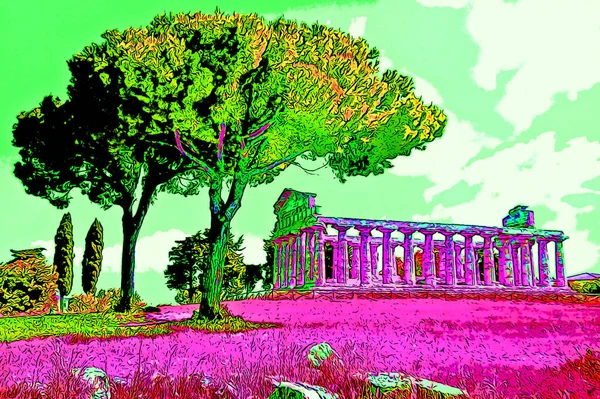 Ancient Greek Ruins Illustration Background Color Spots — Photo