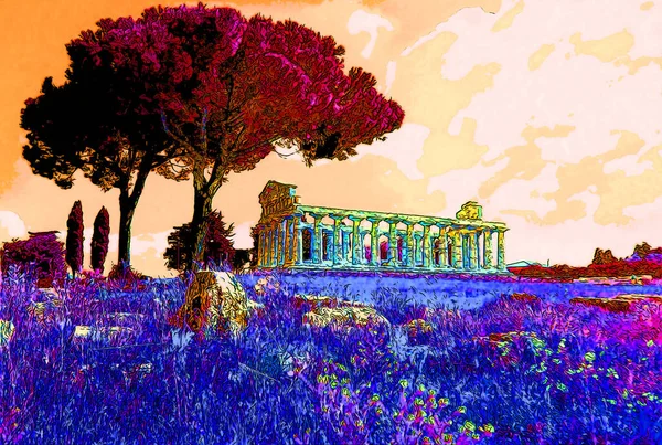 Ancient Greek Ruins Illustration Background Color Spots — ストック写真