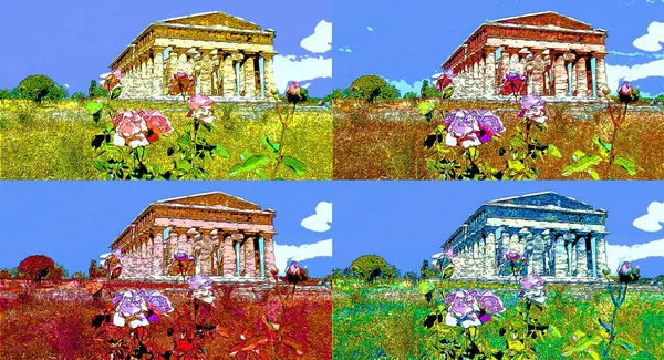 Ancient Greek Ruins Illustration Background Color Spots — Stock Photo, Image