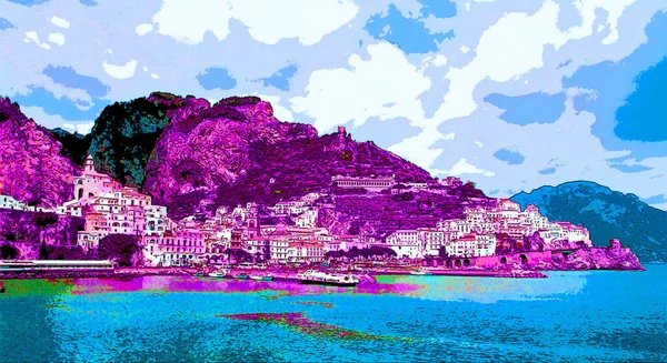 Talyan Kasabası Deniz Illüstrasyonunda Pop Art Arka Planda — Stok fotoğraf