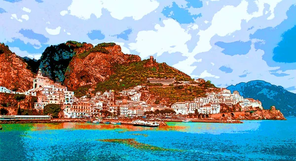 Italian Town Sea Illustration Pop Art Background — стоковое фото