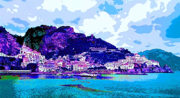 Italian Town Sea Illustration Pop Art Background — Stok fotoğraf