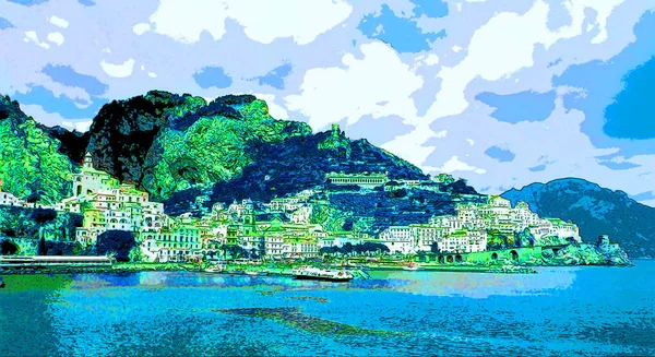 Italian Town Sea Illustration Pop Art Background — Stok fotoğraf