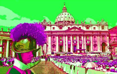 VATICAN CITY ITALY 05 12 2003: Pontifical Swiss Guard or Papal Swiss Guard or simply Swiss Guard sign illustration pop-art background icon with color spots