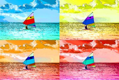 PLAYA DEL CARMEN MEXICO - 11 10 10 2003: Yelkenli resim çizimi renk lekeli pop-art arkaplan simgesi