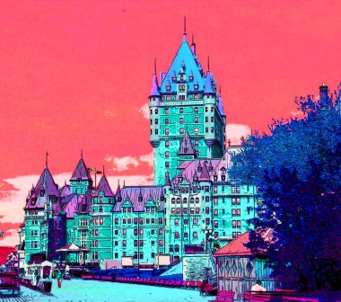 QUEBEC CITY QUEBEC CANADA 08 23 2005: Chateau Frontenac hotel in Quebec City, Canada sign illustration pop-art background icon with color spots