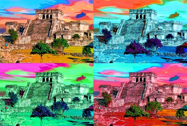 Ancient Aztec Ruins Illustration Background Color Spots — Zdjęcie stockowe