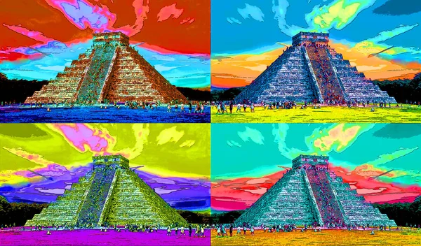ancient Aztec ruins illustration background with color spots