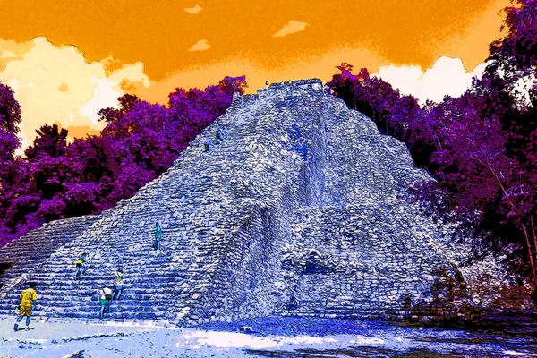 Ancient Aztec Ruins Illustration Background Color Spots — Stock fotografie