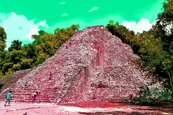 Ancient Aztec Ruins Illustration Background Color Spots — Stock Photo, Image