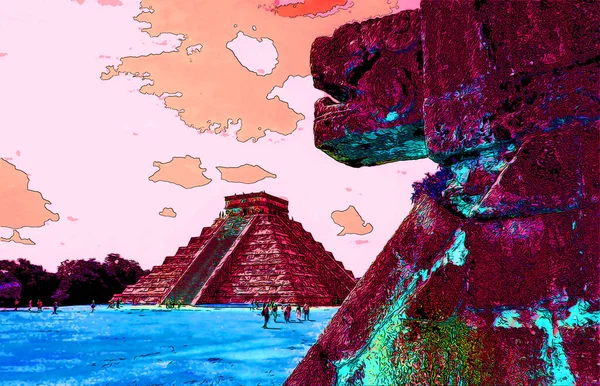 Ancient Aztec Ruins Illustration Background Color Spots — стоковое фото