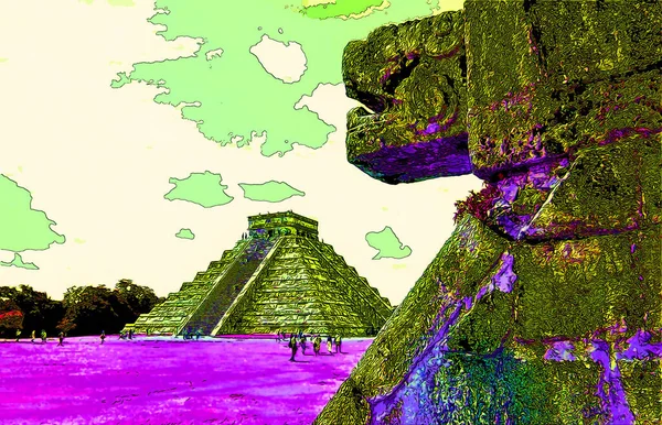 Ancient Aztec Ruins Illustration Background Color Spots — Stok fotoğraf