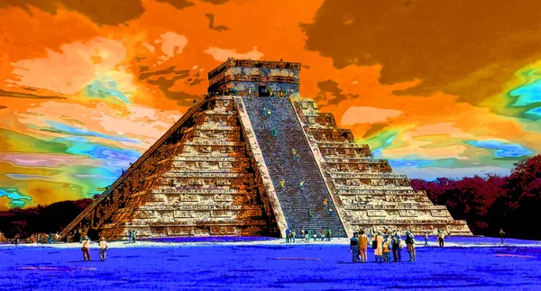 Ancient Aztec Ruins Illustration Background Color Spots — Stockfoto