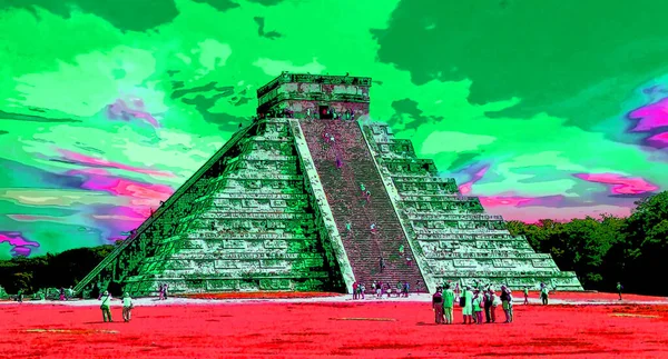 Ancient Aztec Ruins Illustration Background Color Spots — Stockfoto