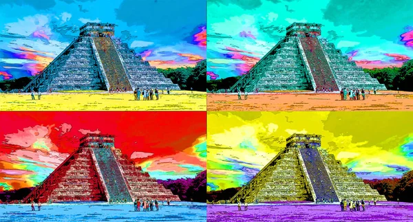 ancient Aztec ruins illustration background with color spots