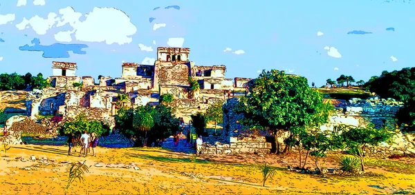 Ancient Aztec Ruins Illustration Background Color Spots — Stok fotoğraf