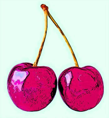 Pair of ripe sweet cherries, illustration pop-art background icon with color spots