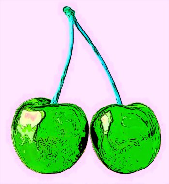 Pair of ripe sweet cherries, illustration pop-art background icon with color spots