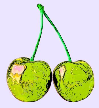 Pair of ripe sweet cherries, illustration pop-art background icon with color spots