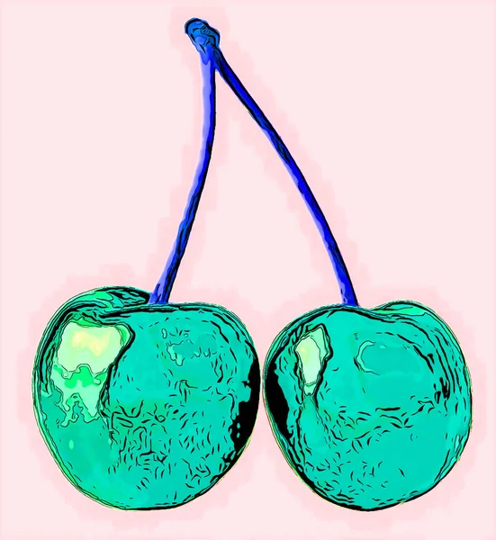 Pair Ripe Sweet Cherries Illustration Pop Art Background Icon Color — Fotografia de Stock