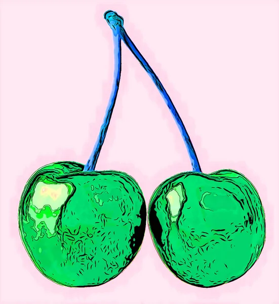 Pair Ripe Sweet Cherries Illustration Pop Art Background Icon Color — стоковое фото
