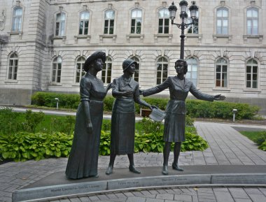 QUEBEC CITY CANADA 08 20 2020: MONUMENT IN TRIBUTE TO WOMEN IN POLITICS of Idola Saint-Jean, Marie Lacoste-Gerin-Lajoie and Therese Forget-Casgrain  