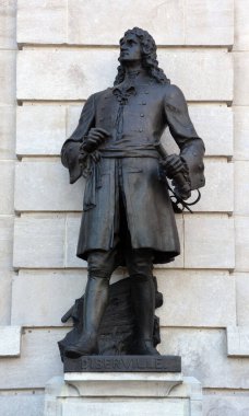QUEBEC CITY QUEBEC CANADA 08 20 20: Statue of Pierre Le Moyne d'Iberville a soldier, ship captain, explorer, colonial administrator, knight of the order of Saint-Louis in front the National Assembly