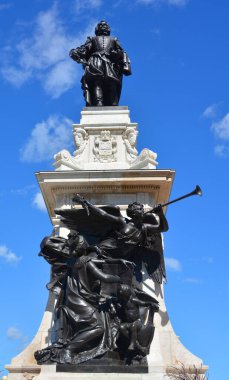 QUEBEC CITY CANADA 08 23 20: Details of Samuel de Champlain statue as 